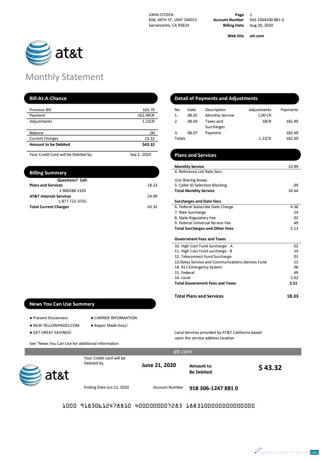 download download USA Texas AT&T easy to fill utility bill template in Word and PDF format PDF template PDF template